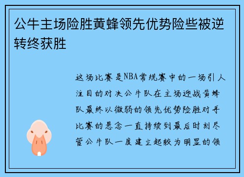 公牛主场险胜黄蜂领先优势险些被逆转终获胜