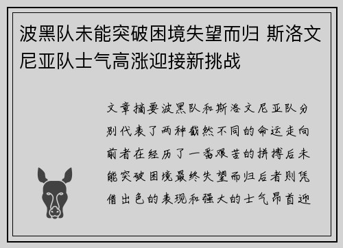 波黑队未能突破困境失望而归 斯洛文尼亚队士气高涨迎接新挑战