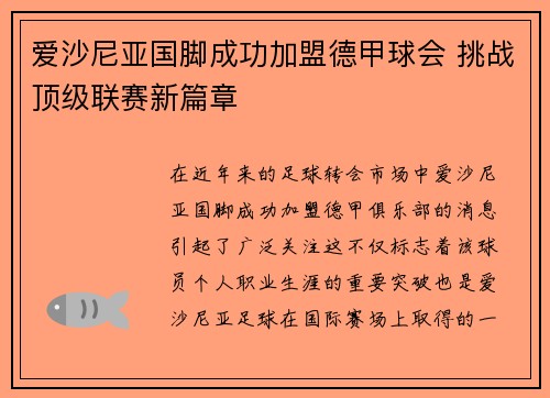 爱沙尼亚国脚成功加盟德甲球会 挑战顶级联赛新篇章